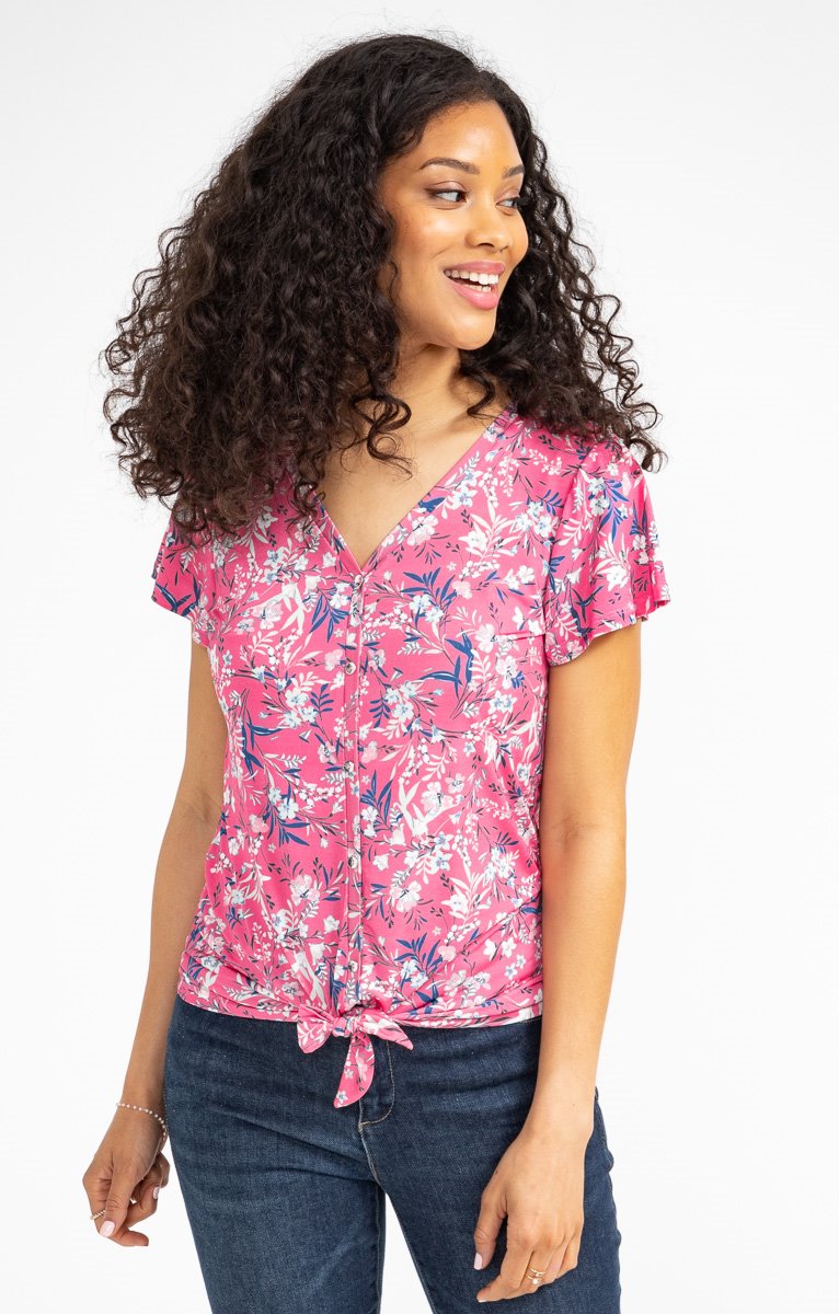 T-shirt Femme Col V Boutonné Imprimé Floral - Coupe Décontractée été - Manches Courtes
