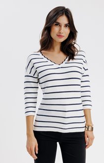 PULL COL V RAYÉ DÉTAILS FESTONS