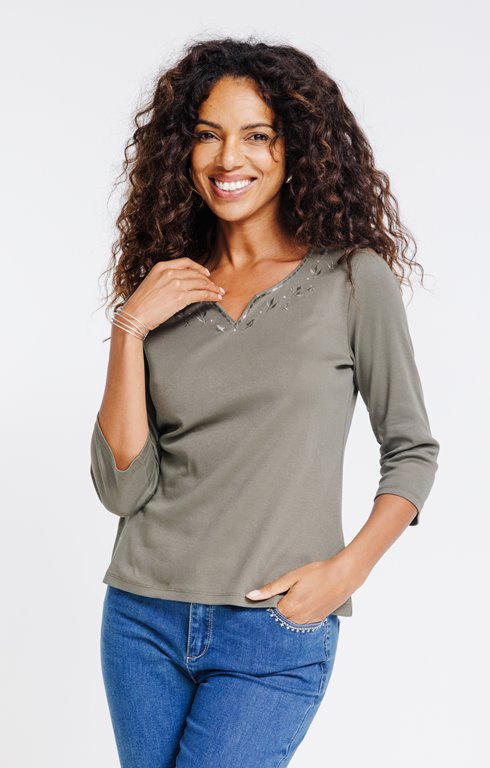 Tee-shirt brodé manches 3/4