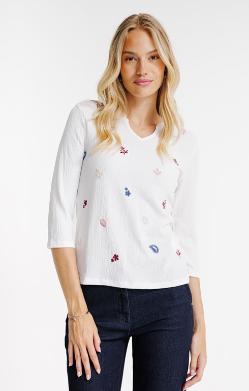 Tee-shirt 3/4 avec col mao et broderie