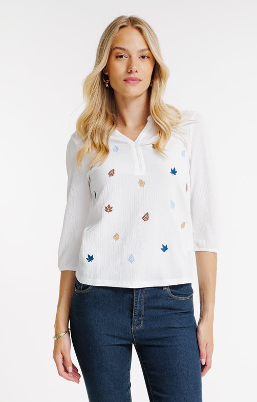 Tee-shirt 3/4 avec broderie et col mao