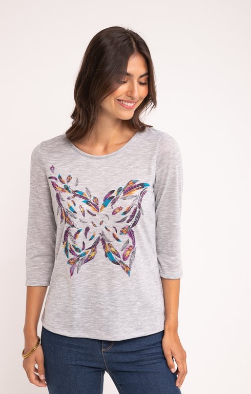 Tee-shirt chiné motif papillon plume