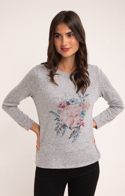 Tee-shirt chiné motif floral col rond