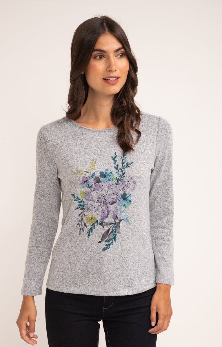 Tee-shirt chiné motif floral col rond