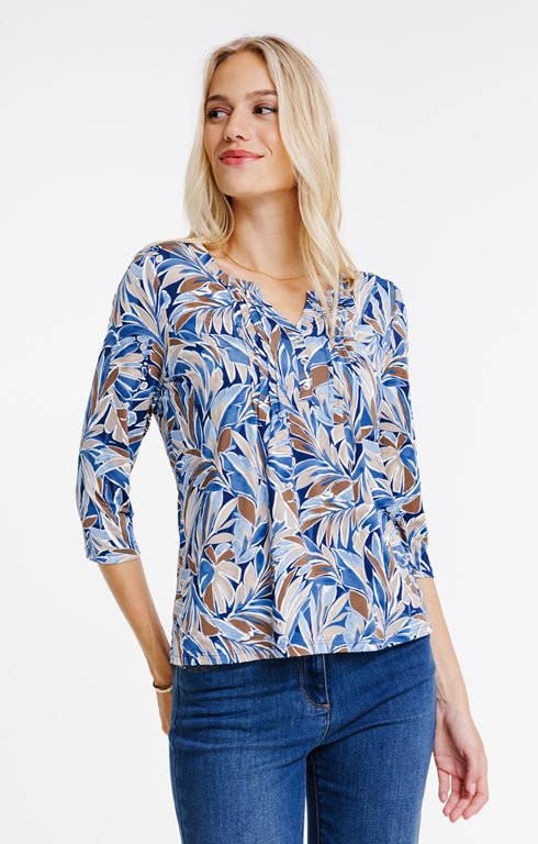 Tee-shirt col mao imprimé feuillage