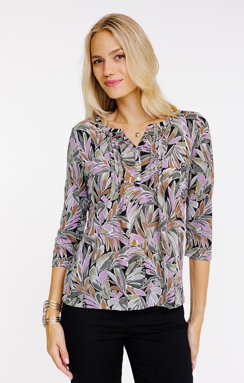 Tee-shirt col mao imprimé feuillage