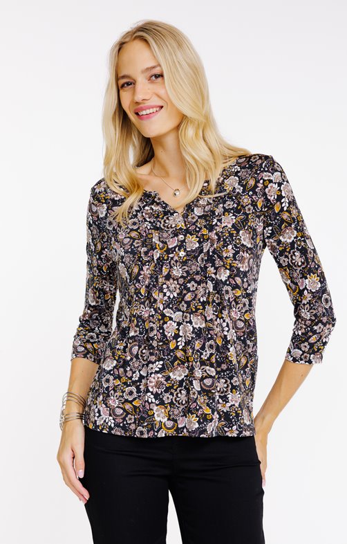 Tee-shirt col mao imprimé fleur indienne