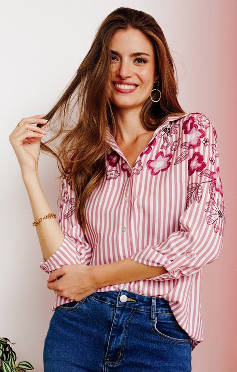 Chemise à rayures fleurs brodées
