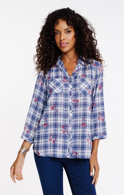 Chemise imprimée carreaux avec fleurs