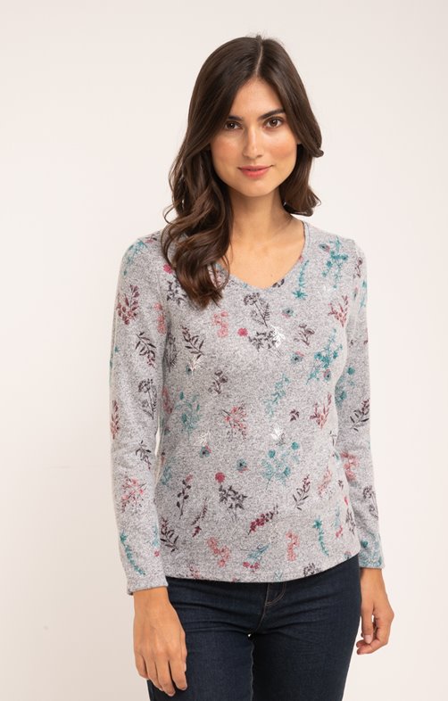 Tee-shirt col V motif floral