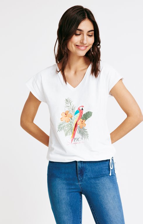 Tee-shirt col V imprimé perroquet 