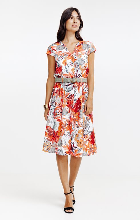Robe Imprimée Tropicale New York & Company Taille M - Ceinturée, Manches Convertible, Occasion Très Bon état