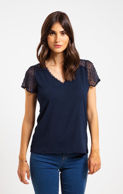 Tee-shirt uni bimatière avec col V